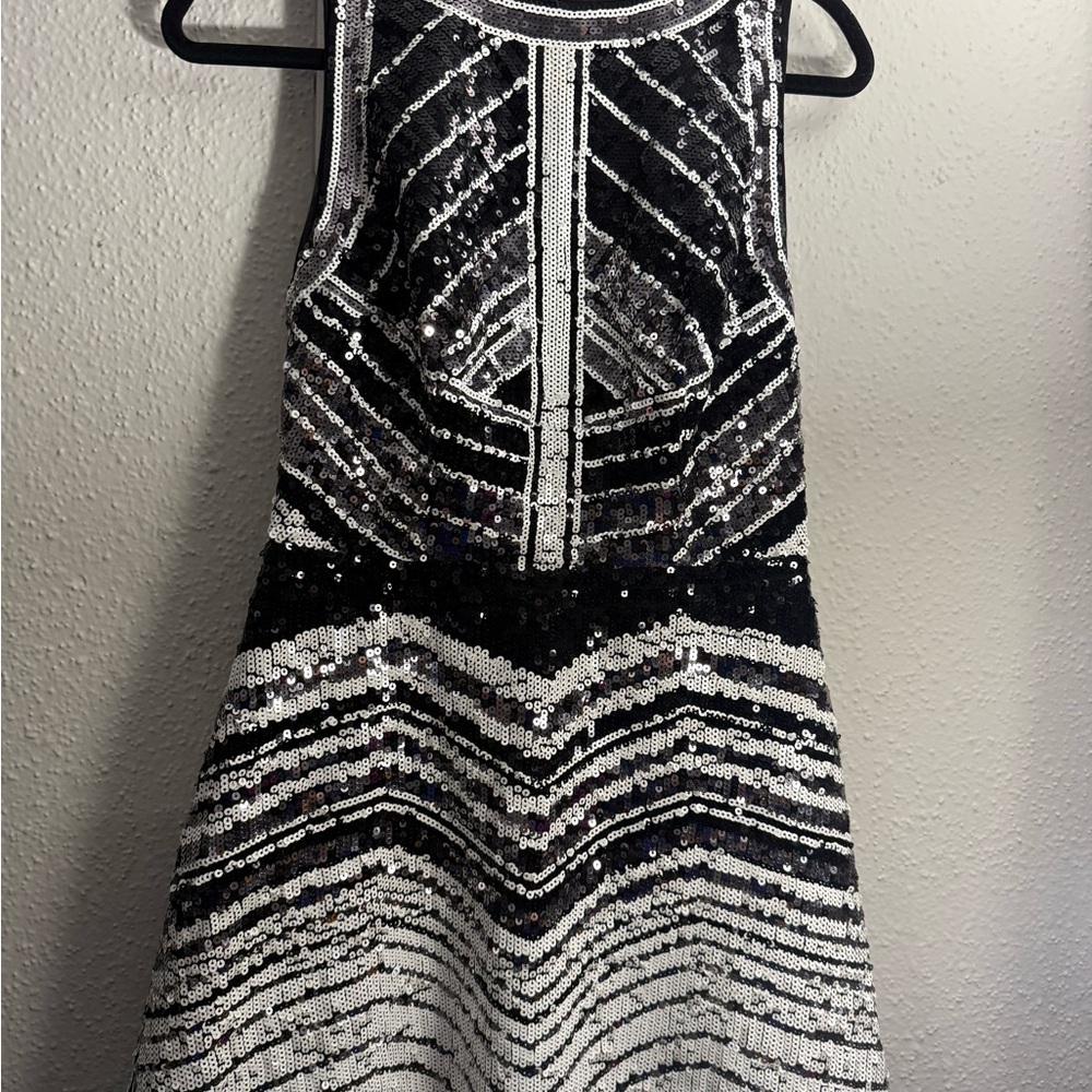 Guess Black and Silver Striped Sequin Mini Dress